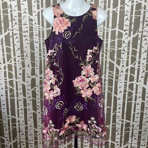 Embroidered Floral Tulle Overlay Babydoll Mini Dress Plum Purple sz M